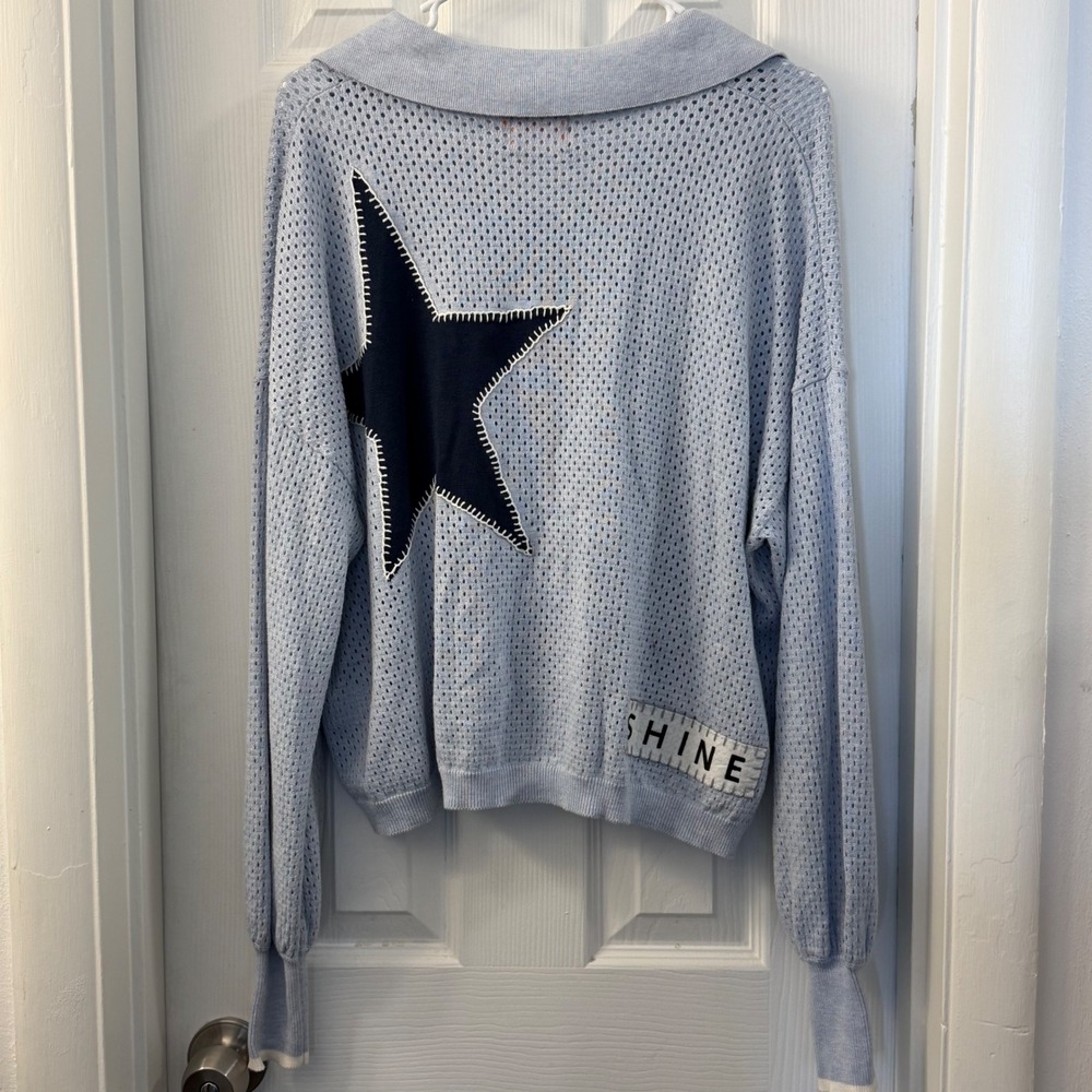 WISPR Light Blue Cotton Silk Pointelle Knit Polo Star Shine Sweater Small - Picture 4 of 5